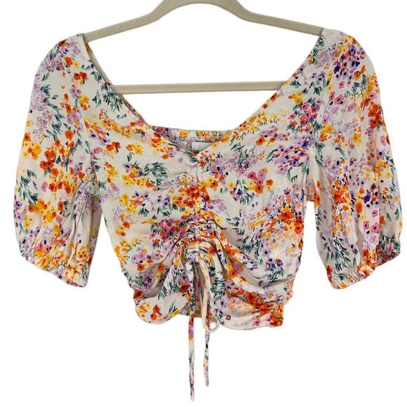 H&M Linen Blend Floral Puff Sleeve Crop Top and Shorts Set Size XS - Picture 4 of 13
